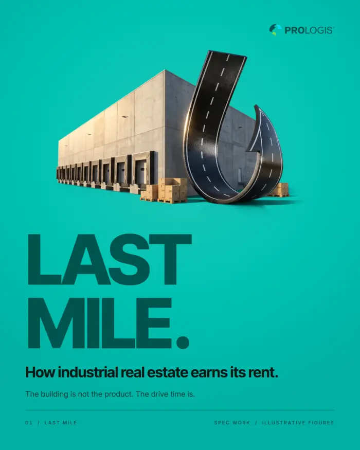 Advert on mint green: a coiled road rising from a timber pallet under the headline "Last mile."